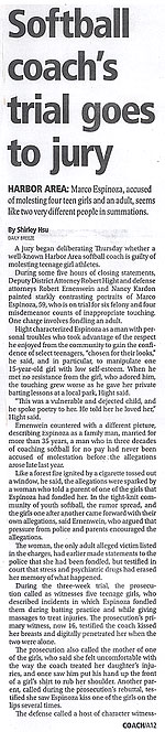 Newspaper: 'Softball coach's trial goes to jury' for Marco Espinoza, molesting teen girls.
