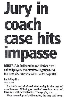 Newspaper: 'Jury in coach case hits impasse' on Harbor Area softball molestation allegations.