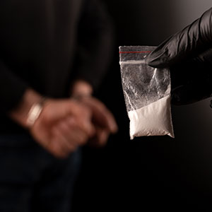 Gloved hand holding drug baggie near handcuffed person, symbolizing drug crime defense.