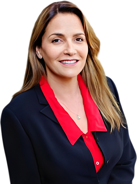 Nancy Kardon, Esq., a smiling woman in a black suit with a red top, standing next to text about Kardon Law and a faint statue of Lady Justice.