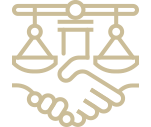 Gold outline icon of scales of justice shaking hands, representing victims' law