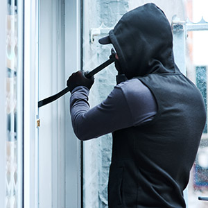 Man, criminal and crowbar for house crime, home invasion and breaking entering attempt with tool. 